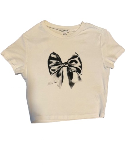 Garage White Crop Tee With Black Bow Graphic